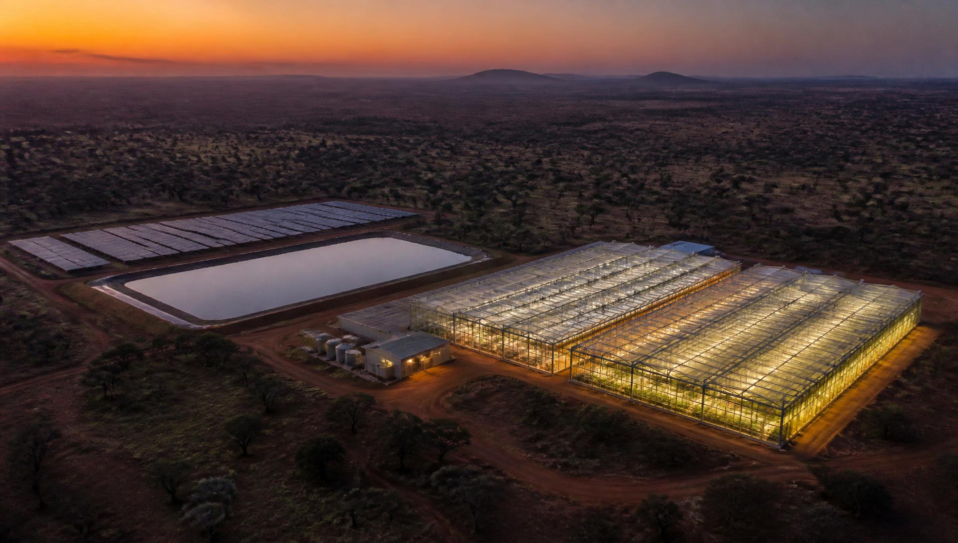 Aerial view of a modern glass greenhouse complex with water reservoir and solar array at dusk