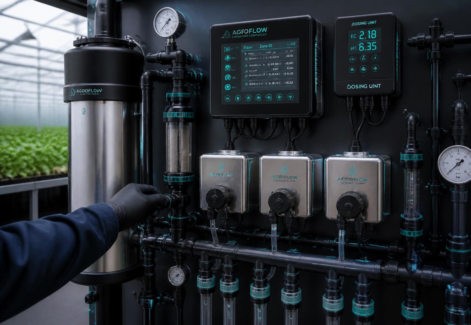 Fertigation dosing and filtration station inside a greenhouse